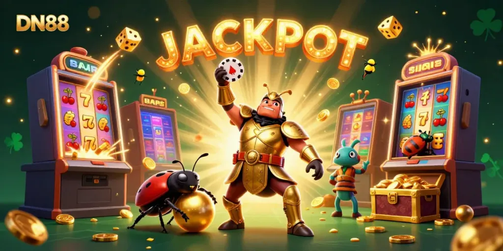Experience a vibrant DN88 jackpot celebration scene with cartoon beetles and dynamic casino elements.