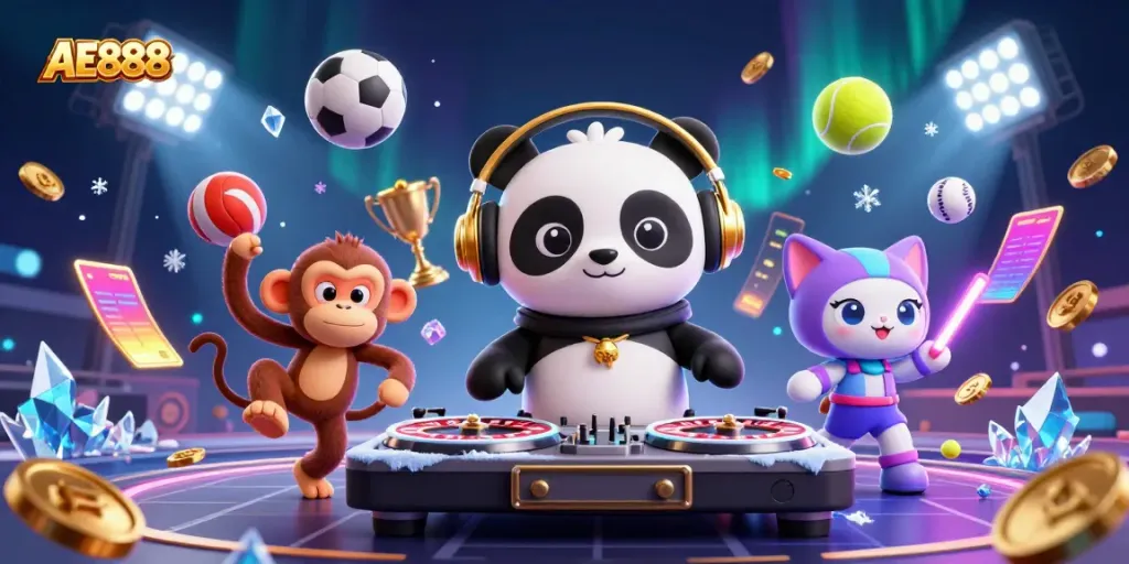Experience AE888 with a lively scene featuring a DJ panda, breakdancing monkey, and rave kitten in a vibrant casino atmosphere.