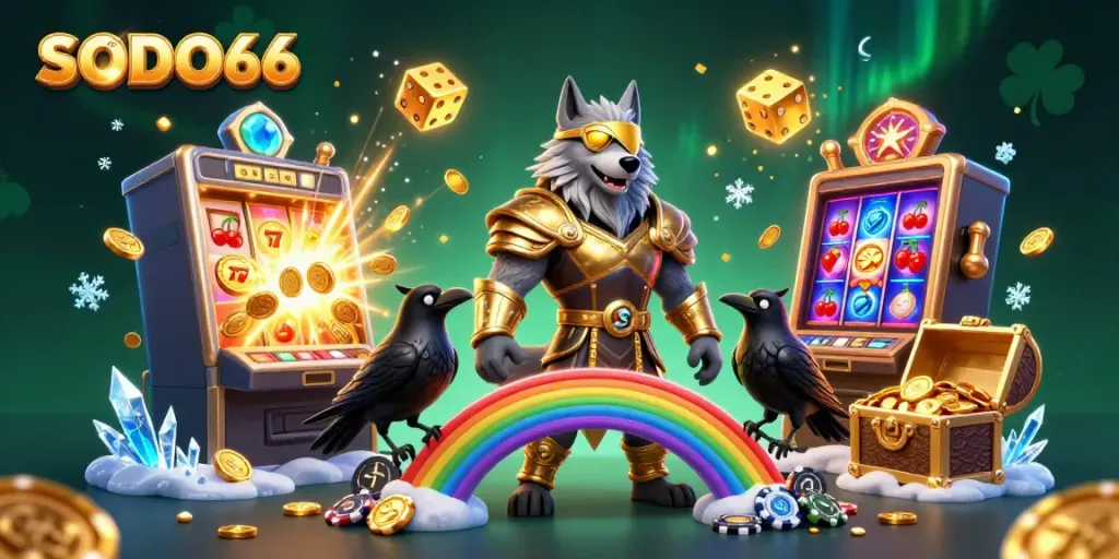 SODO66 showcases a dynamic online gambling scene with a cartoon Odin and ravens surrounded by vibrant casino elements.