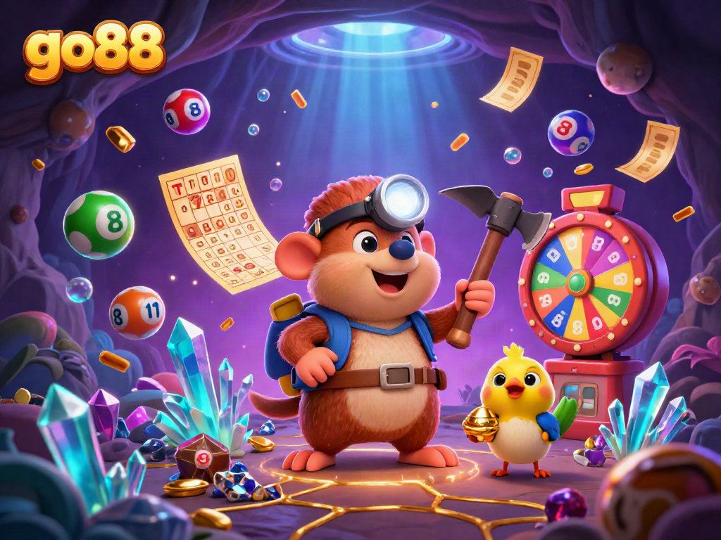Experience winning with go88 as a cartoon mole and canary explore a vibrant treasure cave.