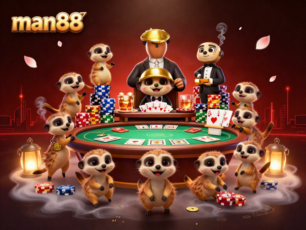 Experience thrilling gameplay with man88 as meerkats manage a vibrant casino scene surrounded by poker chips and cards.