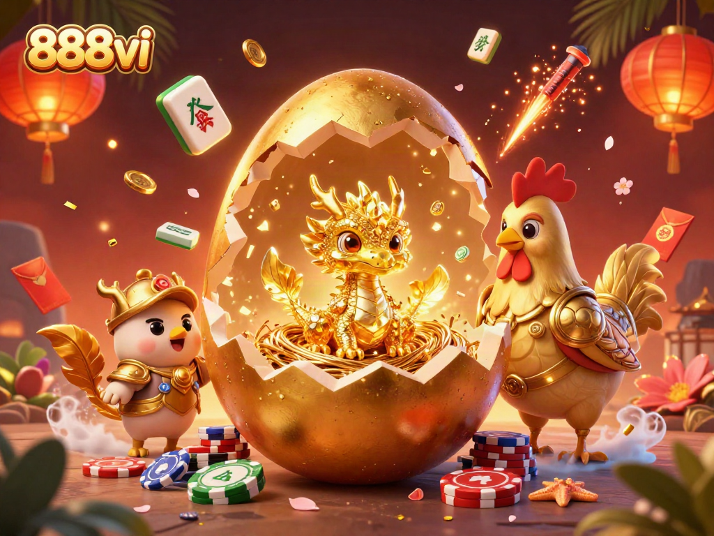 Engage in thrilling gameplay with 888vi's iconic golden dragon revealing poker chip treasure amidst vibrant casino elements.
