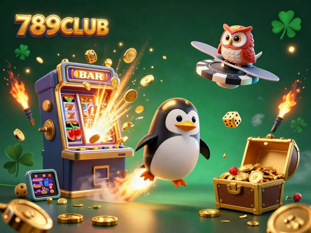 Engage in thrilling gameplay at 789CLUB with a cartoon rocket penguin flying to a casino space station.