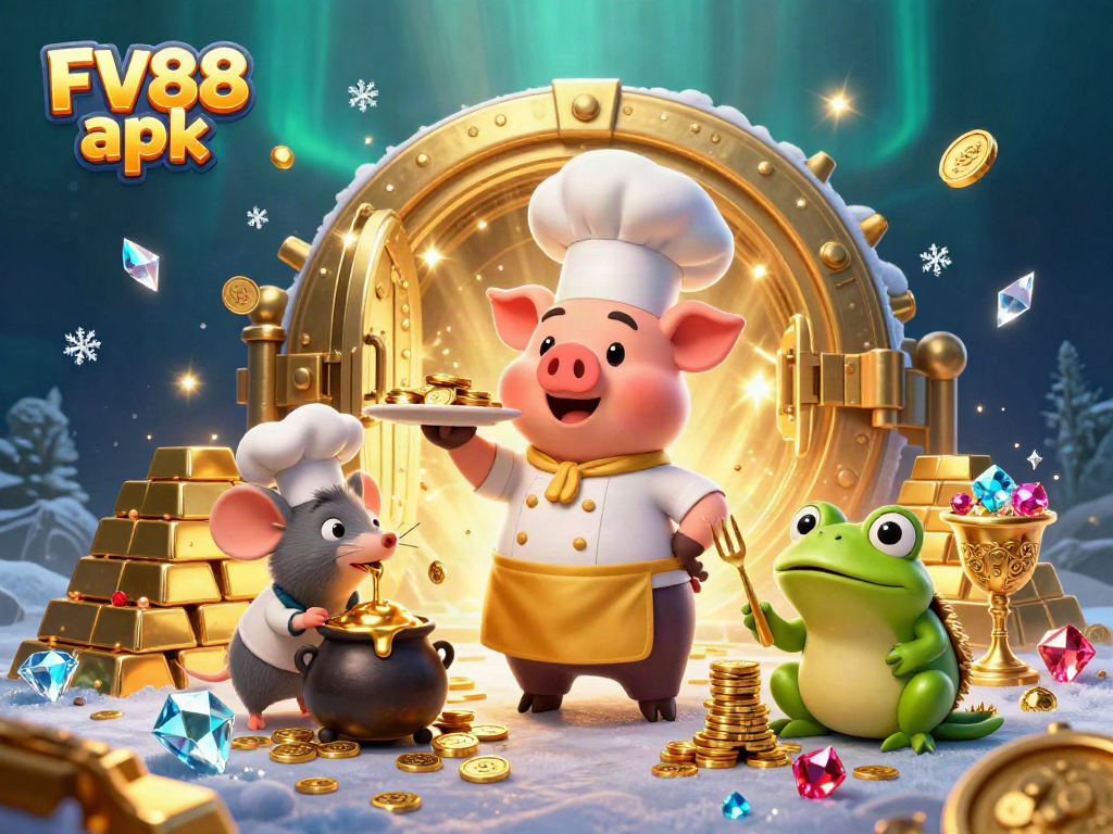 Experience the excitement of FV88 apk with vibrant casino elements in a whimsical 3D illustration.