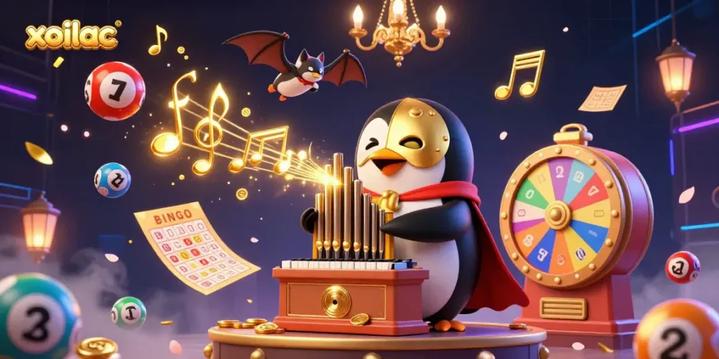 Experience the vibrant excitement of xoilac with a captivating casino scene featuring a penguin playing a magical organ.