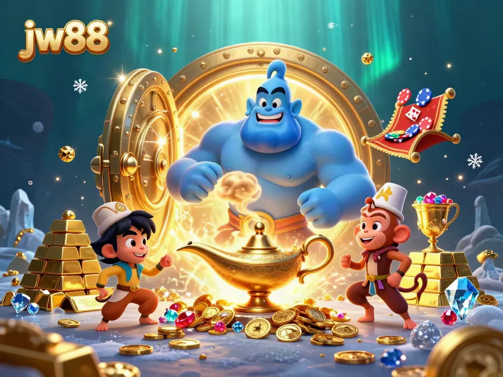 Experience thrilling gameplay at jw88 with a genie revealing treasures and poker chips in a vibrant casino scene.
