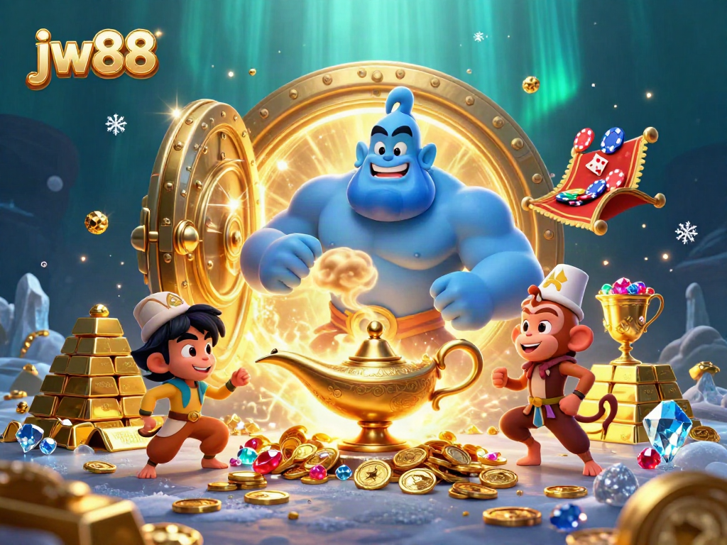 Experience thrilling gameplay at jw88 with a genie revealing treasures and poker chips in a vibrant casino scene.