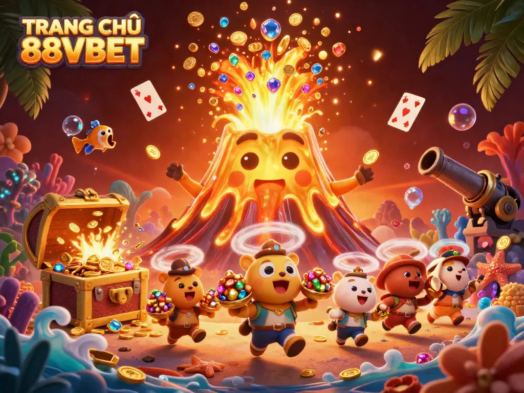Experience the excitement of TRANG CHỦ 88VBET featuring a triumphant volcano, treasure animals, and vibrant casino elements.