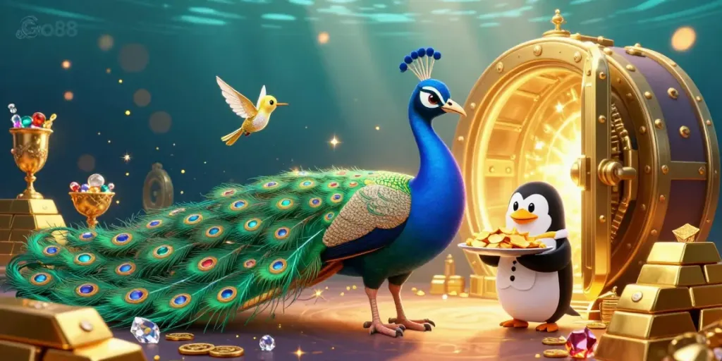 Experience the rich gameplay world of Go88 through a vibrant 3D casino illustration filled with characters and treasures.