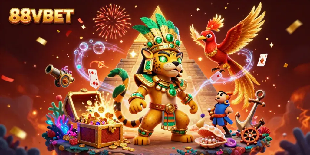 Experience 88VBET's vibrant casino world through thrilling characters and game elements in this colorful illustration.