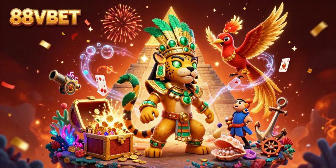 Experience 88VBET's vibrant casino world through thrilling characters and game elements in this colorful illustration.