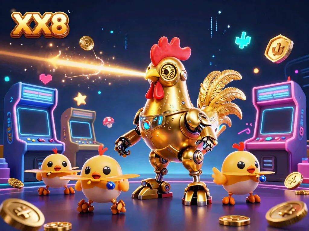 Experience thrilling gameplay with XX8's dynamic 3D casino characters surrounded by vibrant arcade elements.