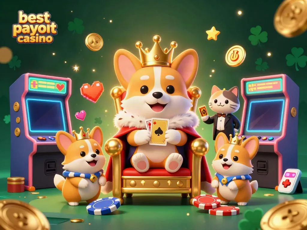 Experience excitement at the best payout casino with a royal corgi surrounded by dazzling gaming elements.