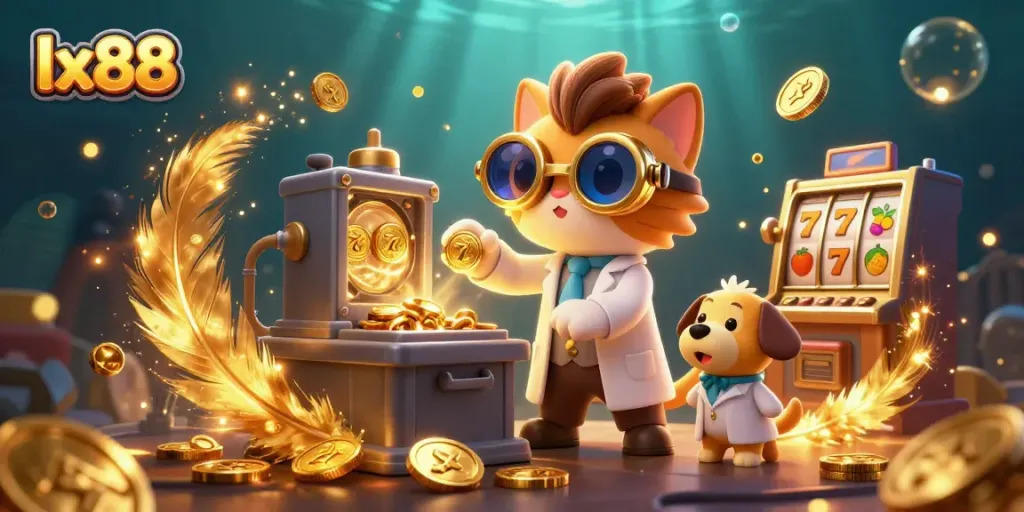 Spin the reels with lx88's captivating casino scene filled with coins and slot machines.