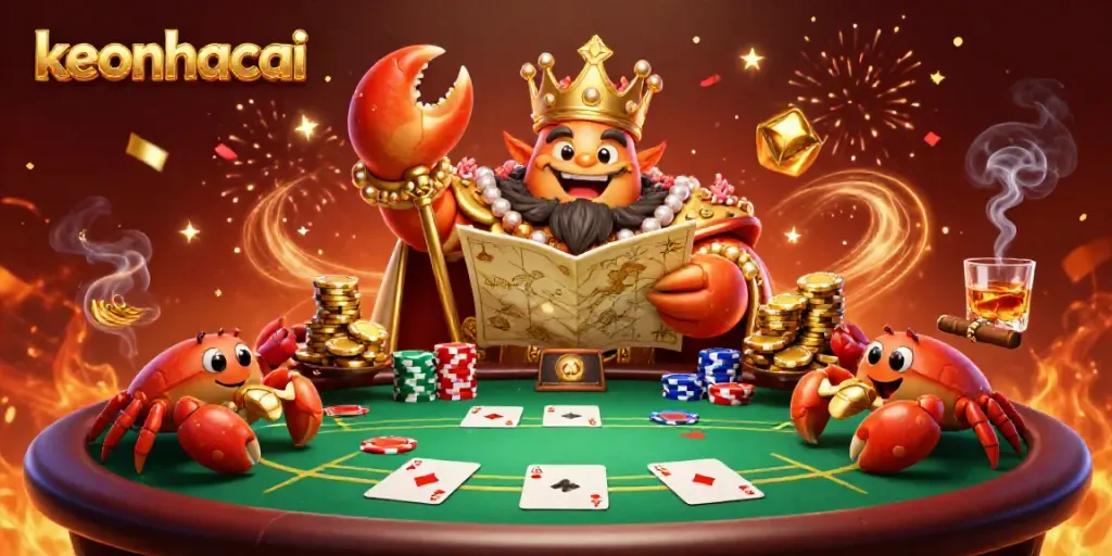 Experience the excitement of keonhacai with a golden crab emperor at a dynamic poker table surrounded by vibrant symbols of gambling.