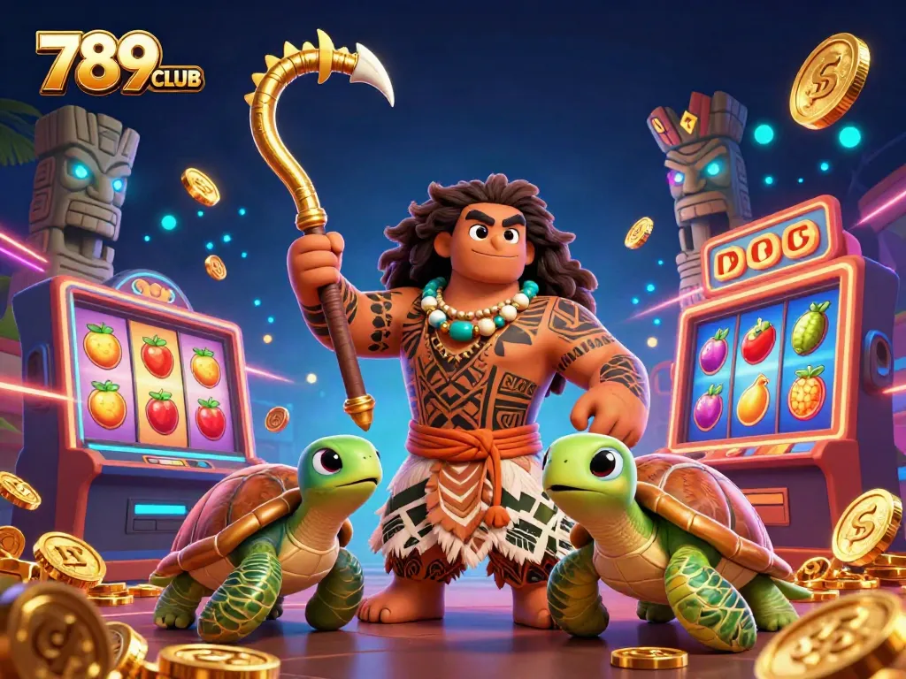 Experience excitement with 789CLUB in a vibrant illustration of a Polynesian demigod and turtle, showcasing thrilling casino elements.