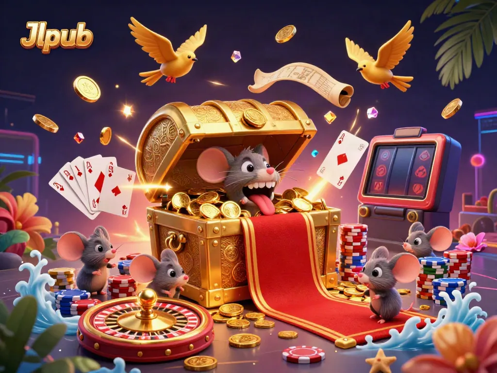 Engage in thrilling gameplay at Jlpub with a vibrant 3D casino illustration featuring golden treasures and action-packed elements.