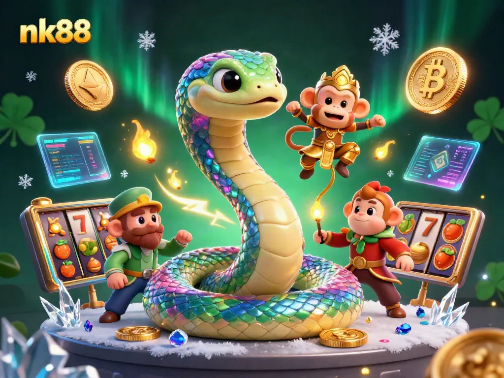 Spin and win with nk88 in this vibrant 3D casino scene filled with colorful characters and game elements.
