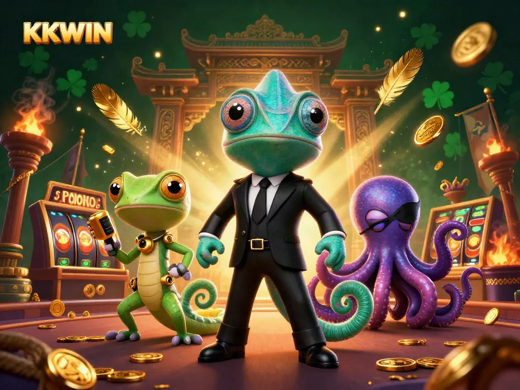 Experience thrilling adventures with KKWIN as chameleon and gecko navigate a bustling casino environment.