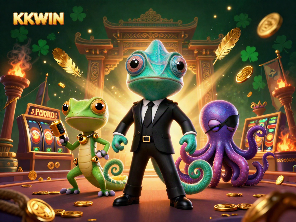 Experience thrilling adventures with KKWIN as chameleon and gecko navigate a bustling casino environment.