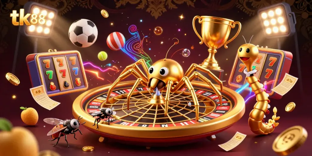 Experience tk88's vibrant casino action with a golden spider spinning roulette webs and exciting gaming elements.