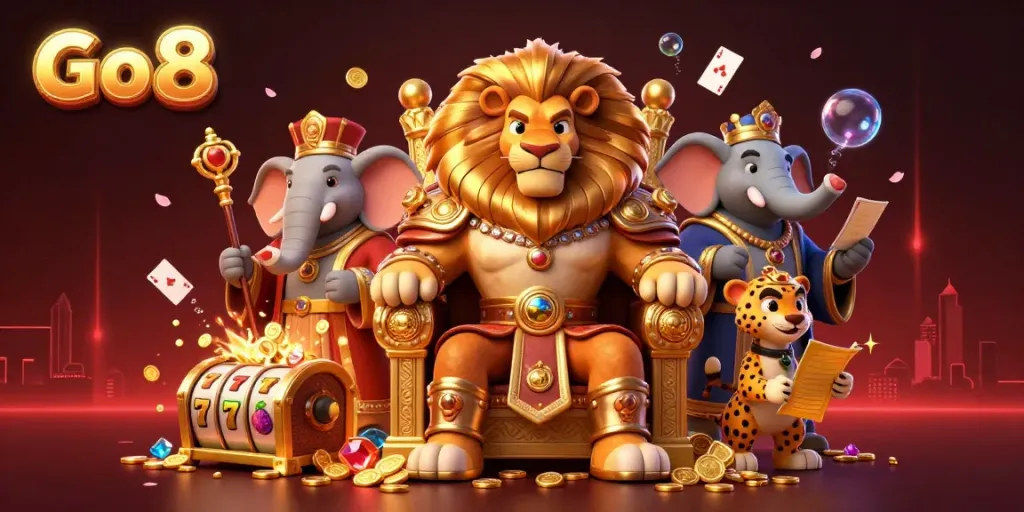 Experience the thrill of Go 8 with a vibrant casino adventure illustration featuring a lion king, an elephant advisor, and a cheetah messenger amidst dynamic gaming elements.