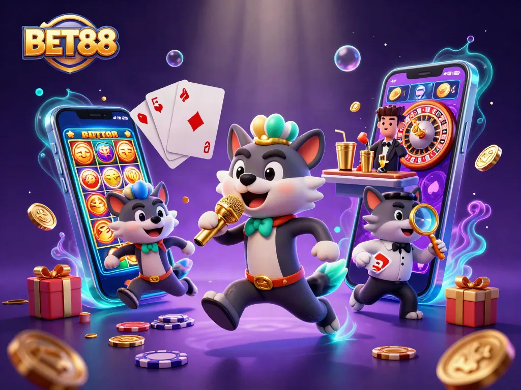 BET88 thú vị trong một câu lạc bộ casino vui nhộn với hyena và các trò chơi điện tử.