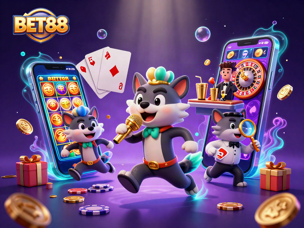 BET88 thú vị trong một câu lạc bộ casino vui nhộn với hyena và các trò chơi điện tử.