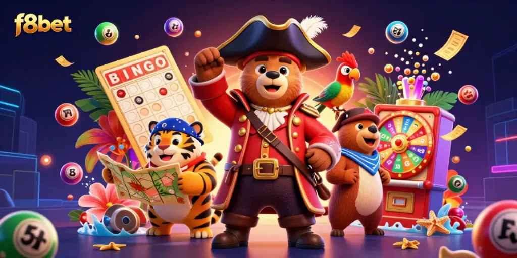 Engage with the vibrant F8BET experience featuring colorful lottery elements, a pirate bear, and energetic visuals.
