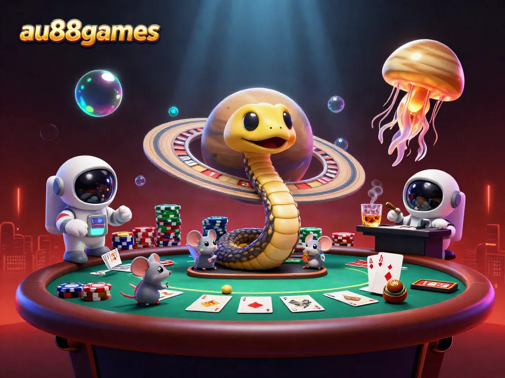 Experience the thrill of betting at au88games with a vibrant cosmic casino scene featuring creative characters.