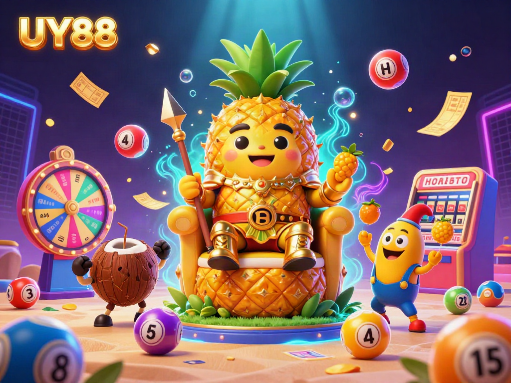Experience the excitement of UY88's vibrant beach casino featuring dynamic lottery elements and a golden pineapple king.