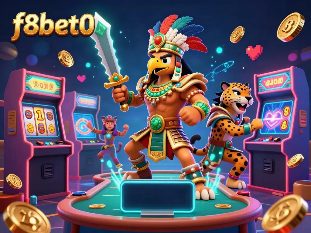 Experience exciting gameplay with f8bet0's Aztec warriors in a vibrant casino illustration.