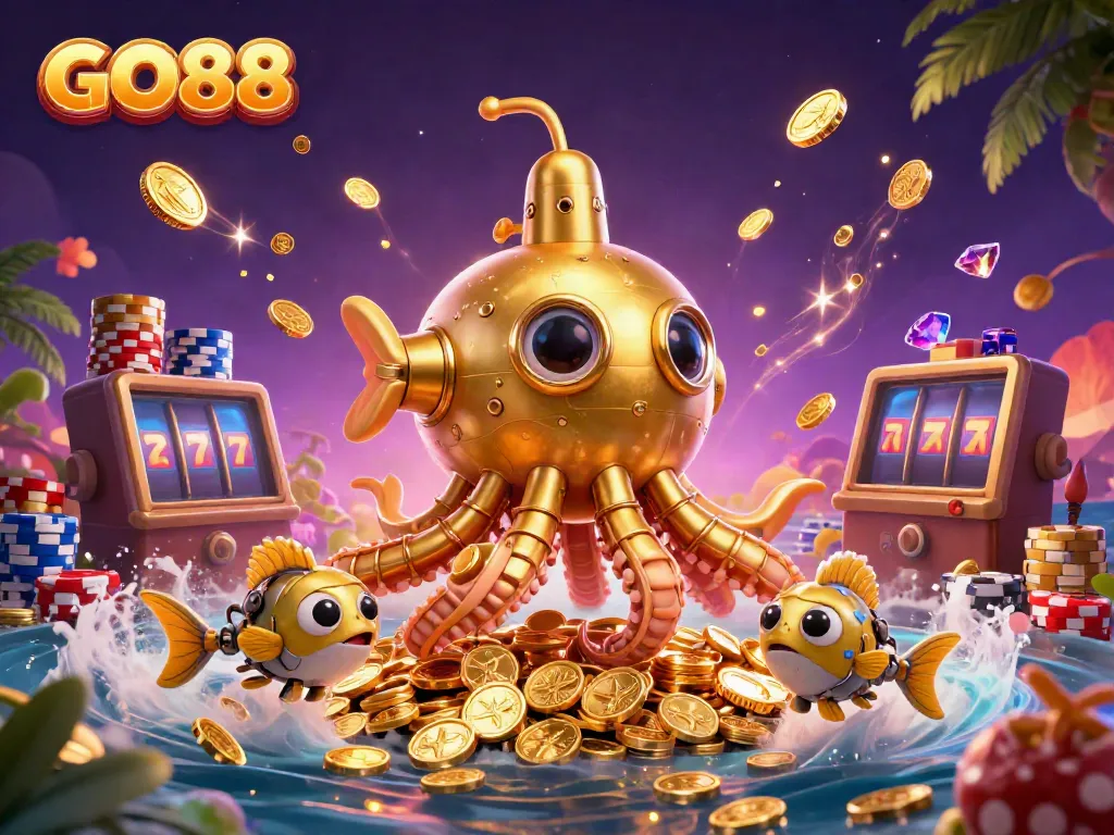 Experience the thrill of GO88 at a vibrant online casino with golden kraken and coins.
