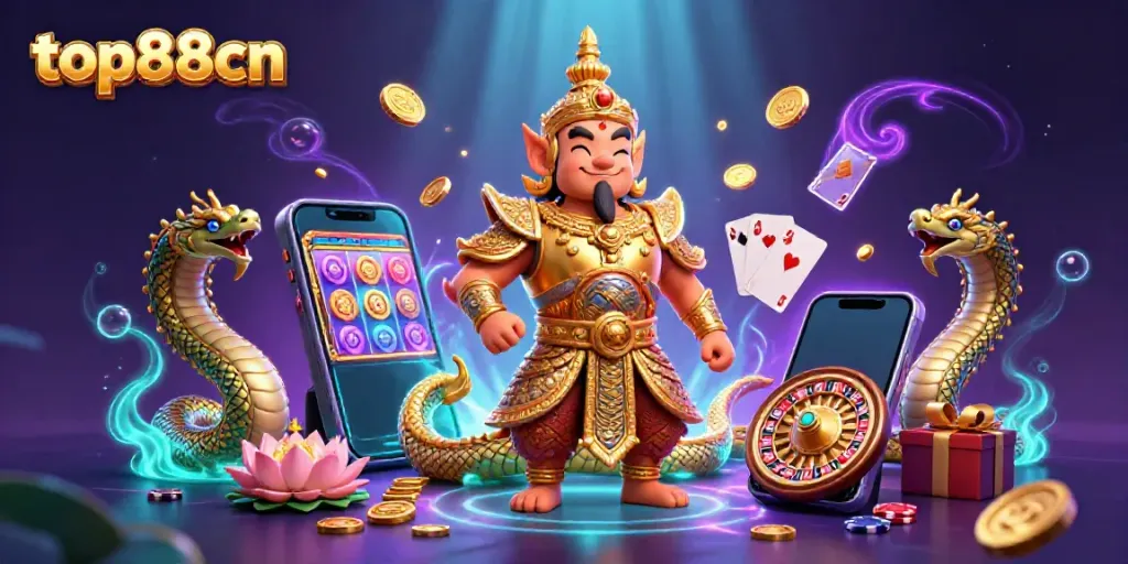 Engage with exciting slot games at top88cn featuring a vibrant 3D scene with a Thai guardian and dynamic gaming elements.