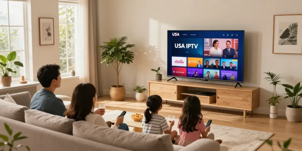 Family enjoying USA IPTV while watching streaming content on TV.
