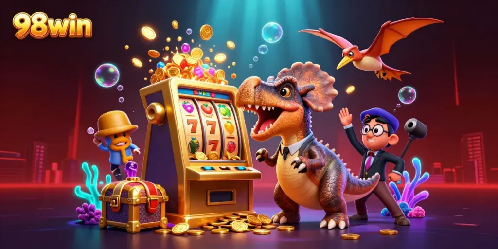 98win slots: A pachycephalosaurus wins a jackpot while an ankylosaurus manages the chaos in a vibrant casino scene.