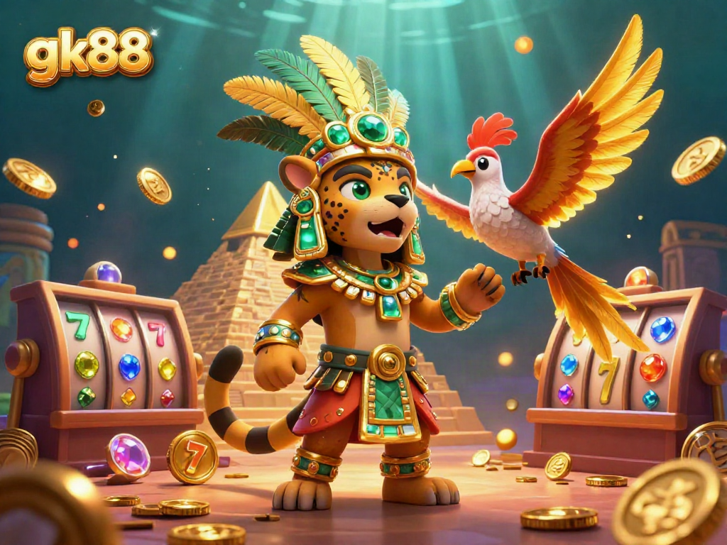 Experience the excitement at gk88 with a Mayan-themed gambling scene, rich in vibrant details and dynamic visuals.