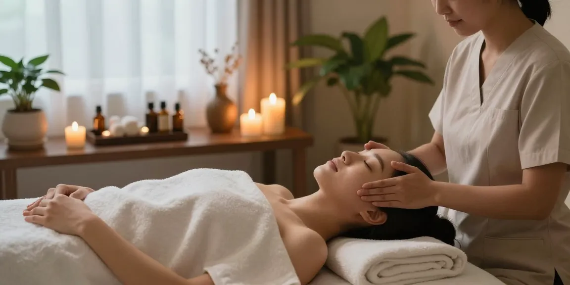 화성출장안마 serene spa scene with therapist giving facial treatment, calm atmosphere, natural decor.