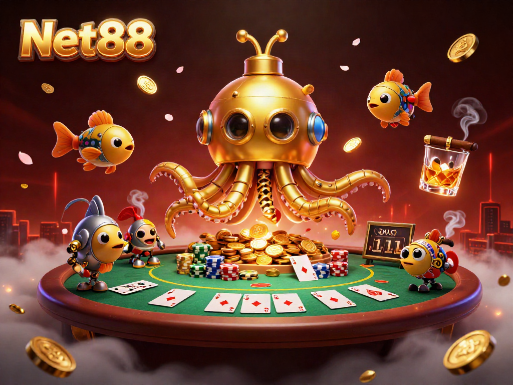 Experience thrilling wins at Net88 with a kraken submarine amidst a vibrant poker scene.