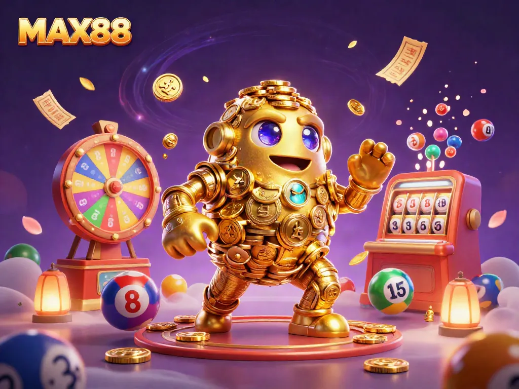 Experience the excitement of MAX88 with vibrant elements and a golden golem in a 3D casino scene.