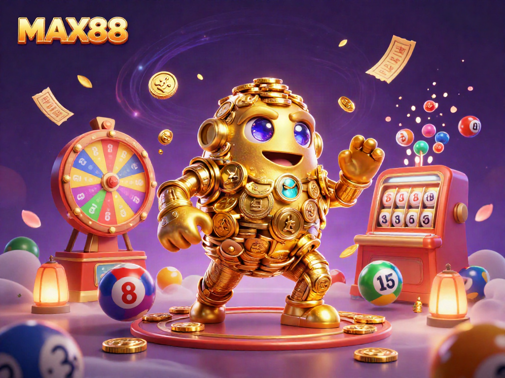 Experience the excitement of MAX88 with vibrant elements and a golden golem in a 3D casino scene.