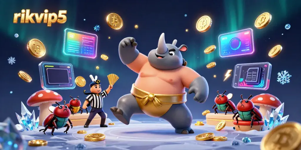Experience thrilling wins at rikvip5 with vibrant, energetic 3D casino action featuring a sumo beetle.