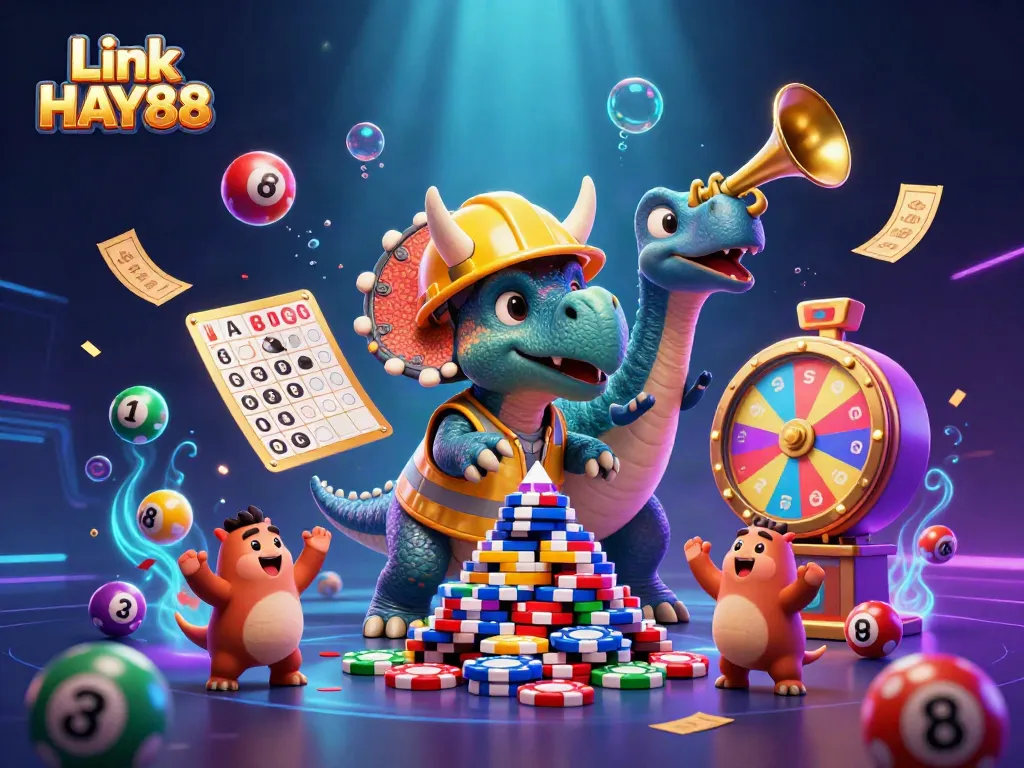 Create big wins with Link HAY88 featuring a triceratops and lottery elements in a vibrant casino scene.