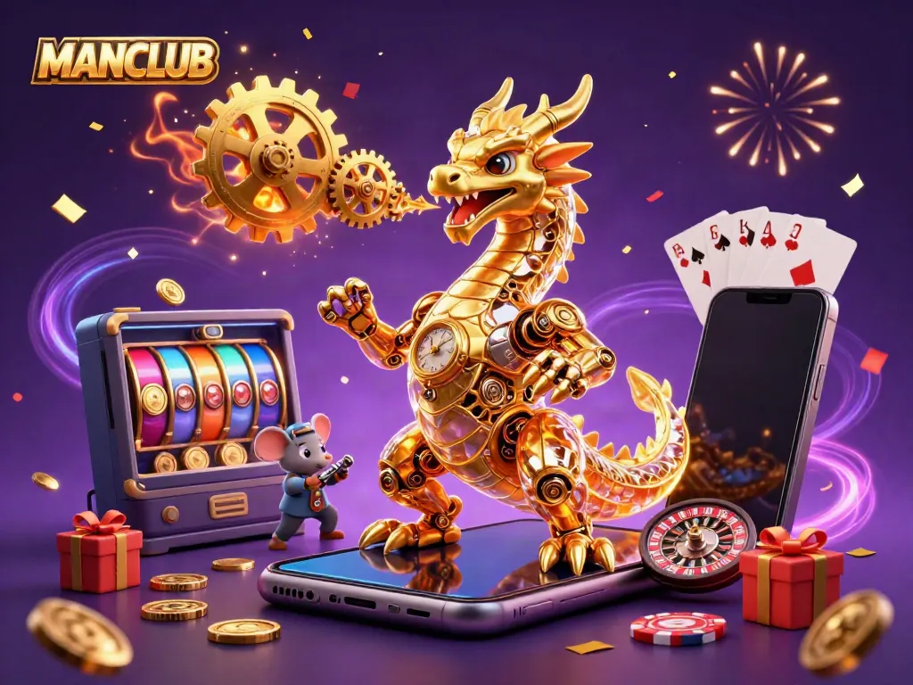Join the excitement at MANCLUB with immersive 3D casino gaming visuals featuring golden dragons and slot games.
