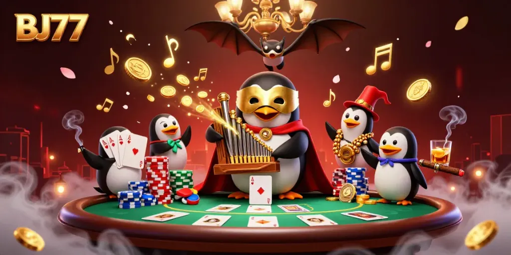 Experience the thrill of BJ77 in a vibrant casino scene with animated characters and rich game elements.