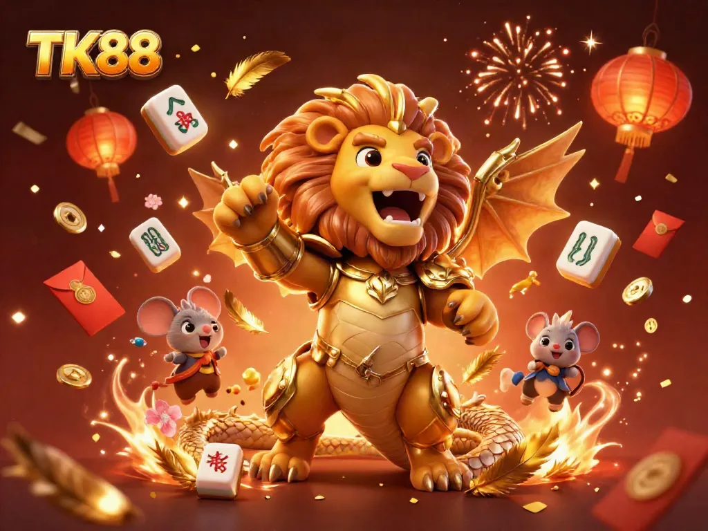 Engage with TK88's thrilling casino experience featuring a majestic chimera and vibrant game elements.