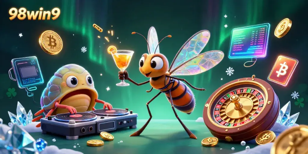 Engage in casino excitement with vibrant 98win9 illustration showcasing unique characters and crypto themes.