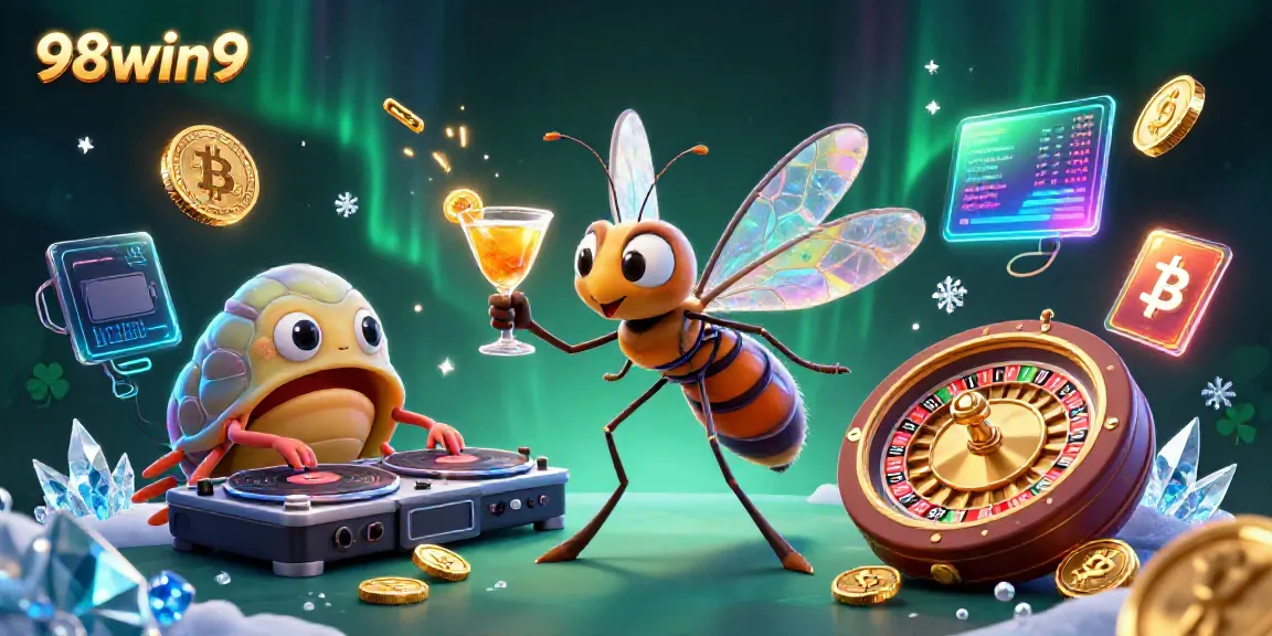 Engage in casino excitement with vibrant 98win9 illustration showcasing unique characters and crypto themes.