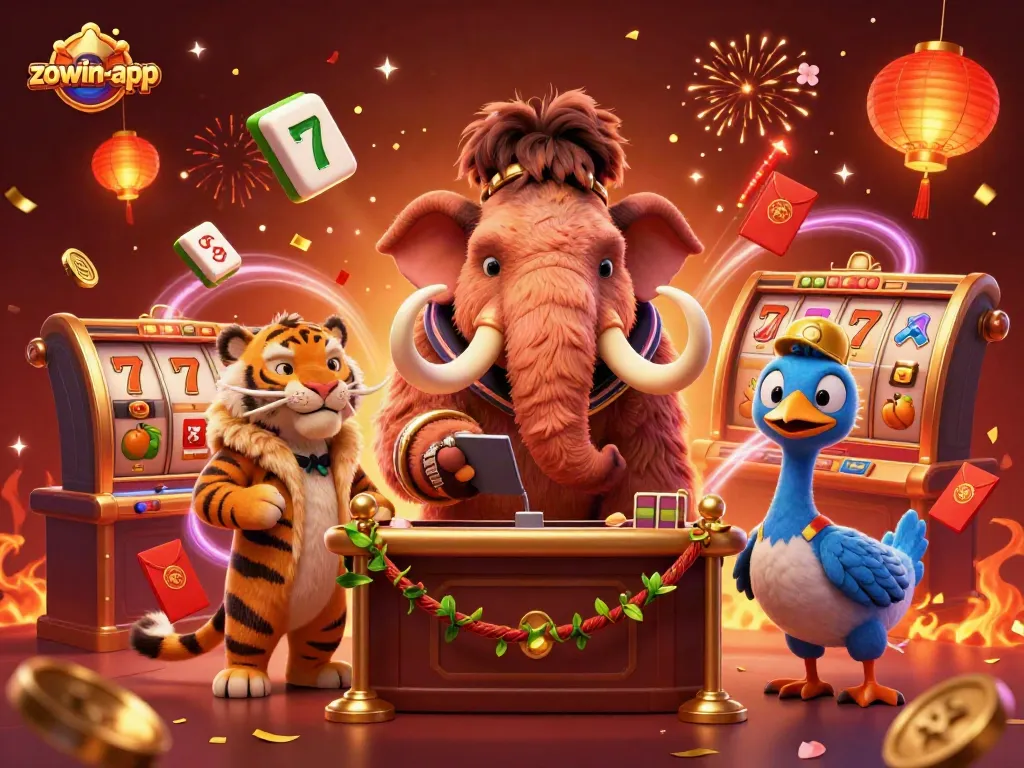 Experience thrilling games at zowin-app with vibrant casino characters amid slot machines and festive decor.