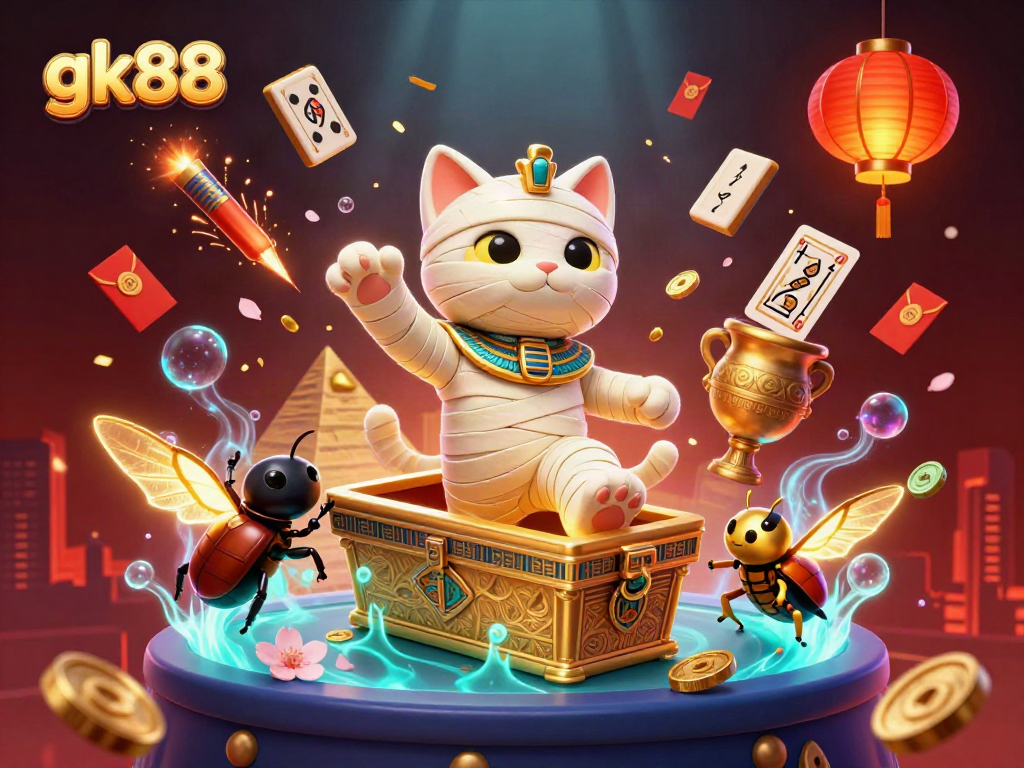 Engage with gk88 in a vibrant casino scene featuring an Egyptian mummy cat and glowing scarab beetle.